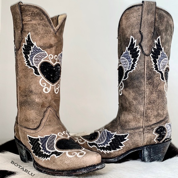 SOLD CORRAL Boots Sequin Heart Wings Mid Calf Snip Toe Cowgirl Cowboy Boot 6.5 - Picture 1 of 11